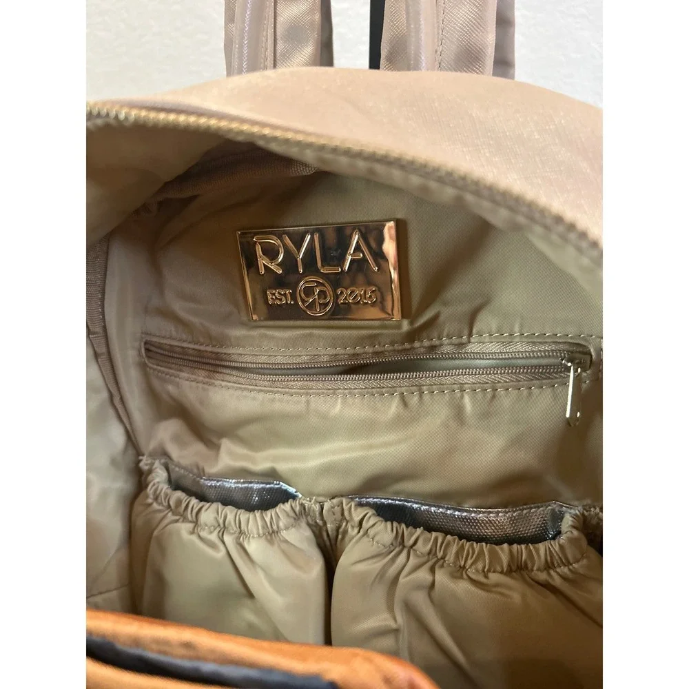 RYLA Baby Bag Taupe Faux Leather Gold Zipper Front‎ Pocket Mini